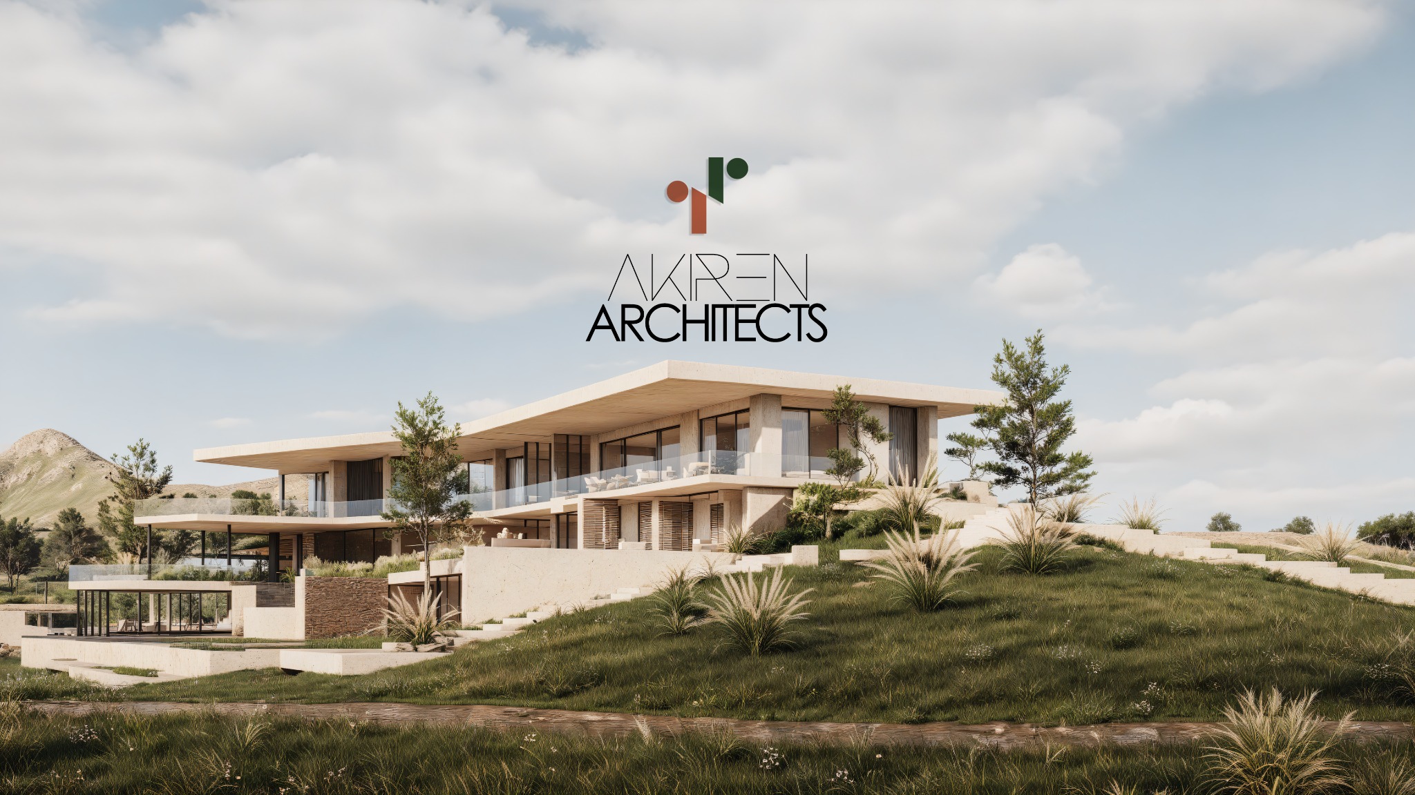 Akiren Architects logo above Ruhiges Hügel Haus, a modern hillside residence